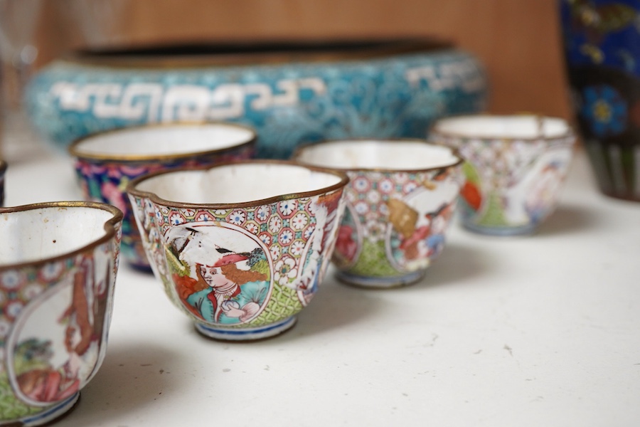 Canton enamel wine cups, European subjects and japanese cloisonne, tallest vase- 15cm high